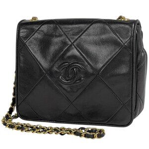 Chanel CC Logo Chain Shoulder Bag Quilted Leather Black